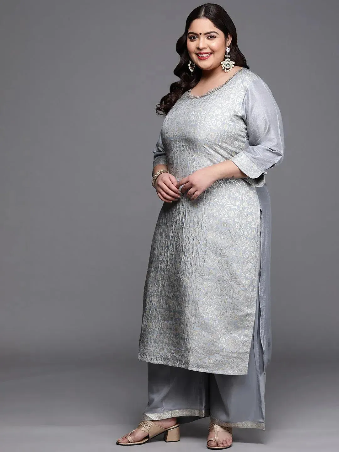 Plus Size Grey Woven Design Silk Blend Straight Kurta With Palazzos & Dupatta