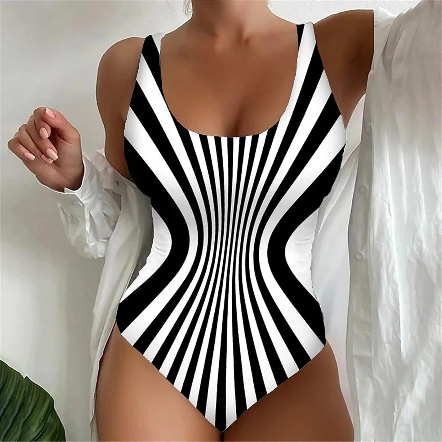 Plus Size One Piece Swimsuit for Women Tummy Control Stripe Square Neck Bathing Suits Retro Modest Beach Outfits