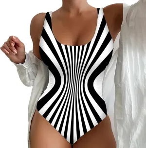 Plus Size One Piece Swimsuit for Women Tummy Control Stripe Square Neck Bathing Suits Retro Modest Beach Outfits