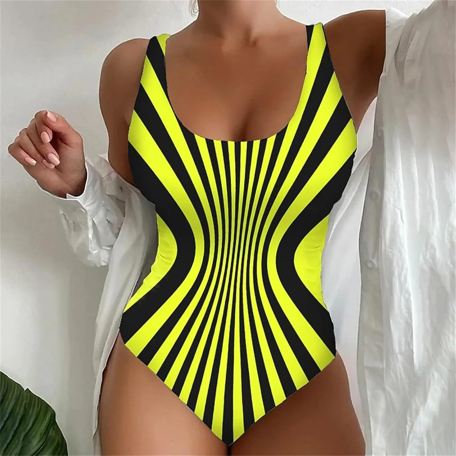 Plus Size One Piece Swimsuit for Women Tummy Control Stripe Square Neck Bathing Suits Retro Modest Beach Outfits
