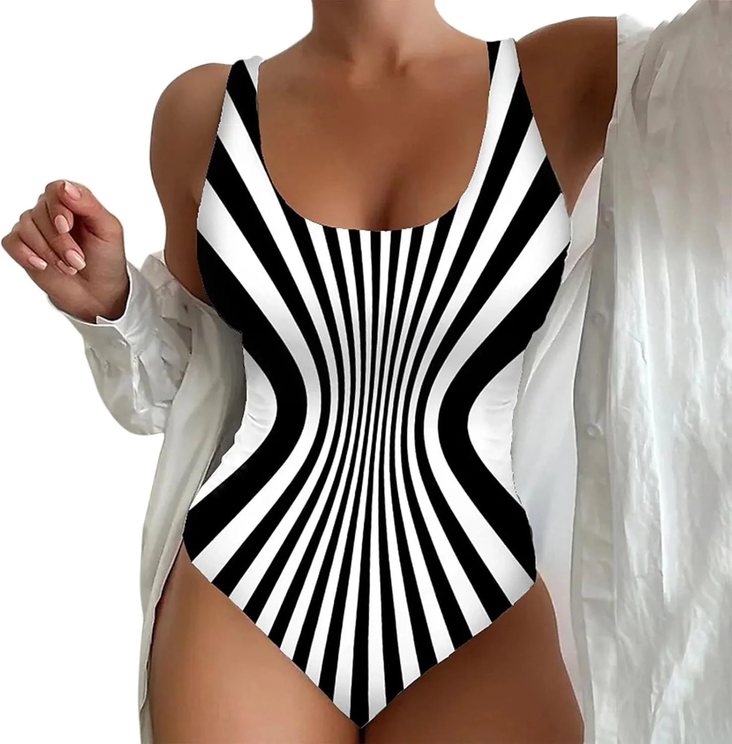 Plus Size One Piece Swimsuit for Women Tummy Control Stripe Square Neck Bathing Suits Retro Modest Beach Outfits