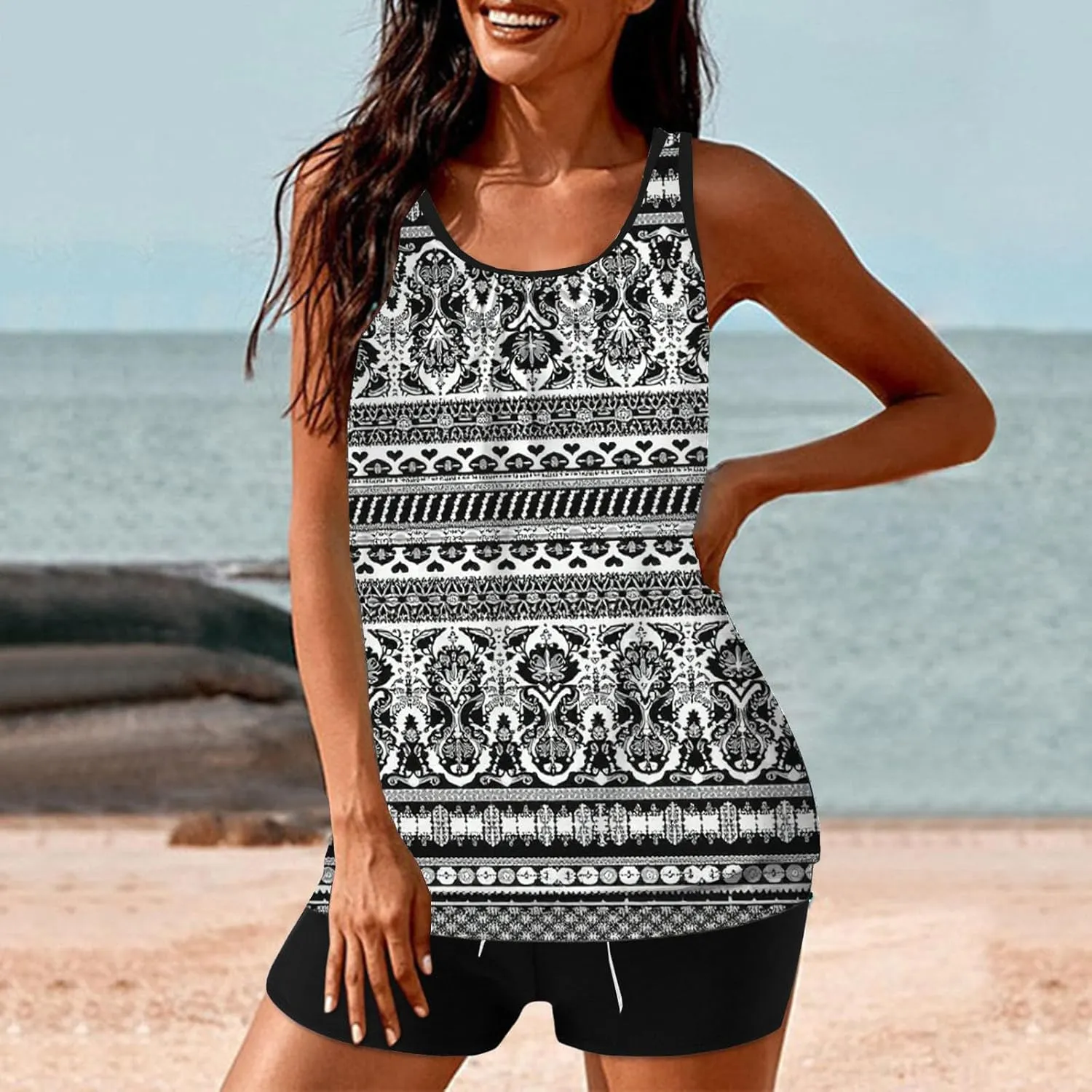 Plus Size Tankini Sets for Women 2 Piece Swimsuit Adjustable Tank Top with Boyshorts Beach Vacation Modest Swimwear