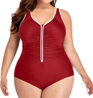 Plus Size Women Zipper One Piece Swimsuit Ruched Tummy Control Zip Front Bathing Suit Adjustable Surfing Swimwear