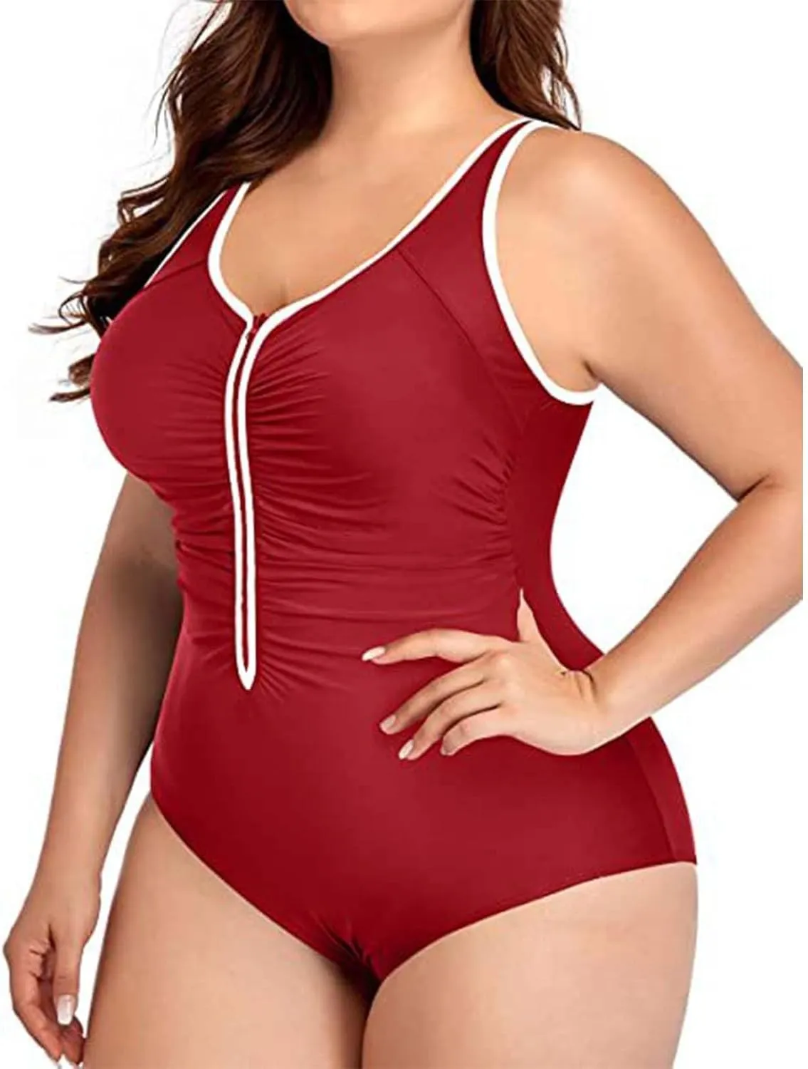 Plus Size Women Zipper One Piece Swimsuit Ruched Tummy Control Zip Front Bathing Suit Adjustable Surfing Swimwear