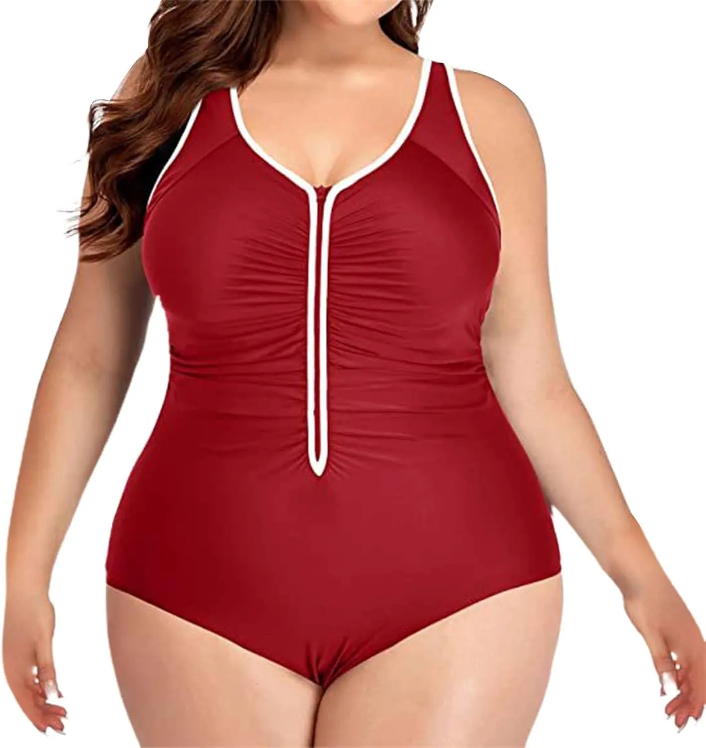 Plus Size Women Zipper One Piece Swimsuit Ruched Tummy Control Zip Front Bathing Suit Adjustable Surfing Swimwear