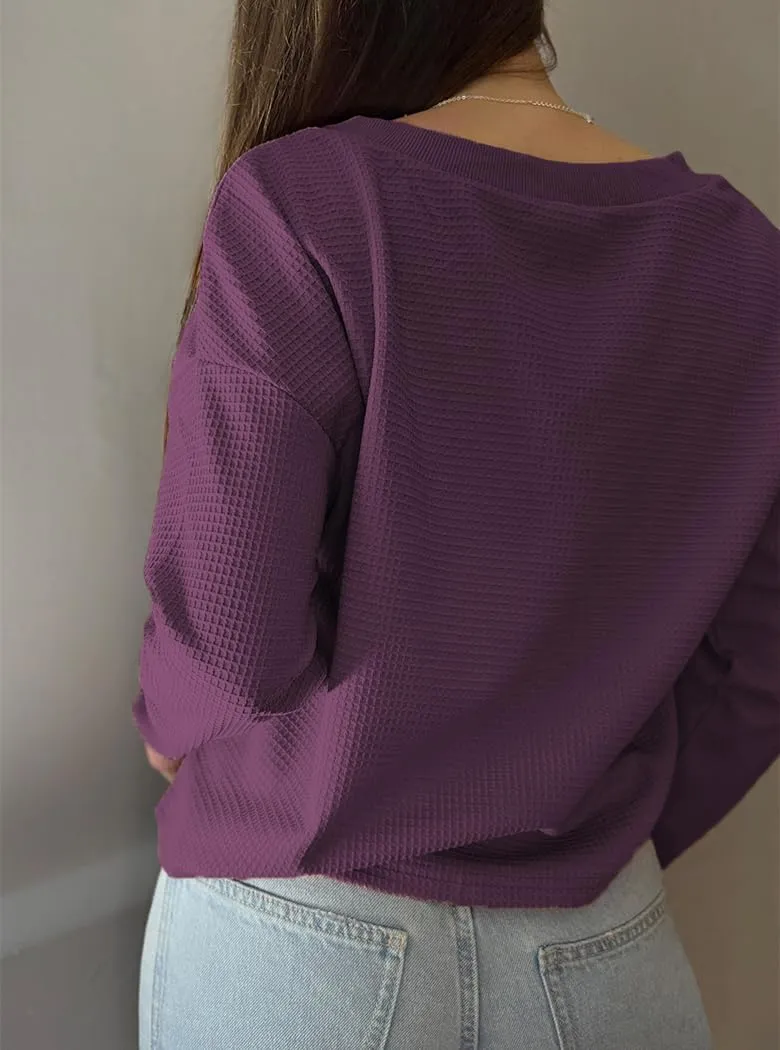 Poetsky Womens V Neck Waffle Knit Cropped Top Long Sleeve Pullover Sweater Casual Crop Shirts