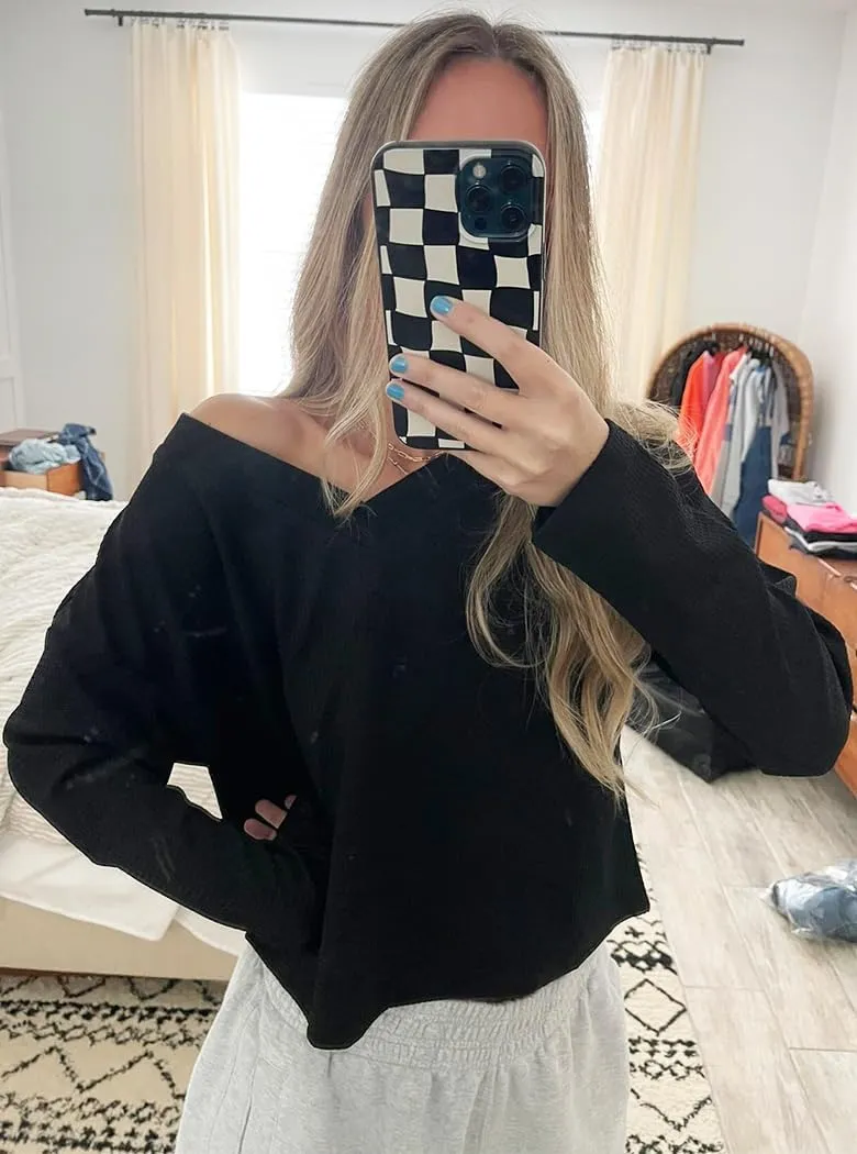 Poetsky Womens V Neck Waffle Knit Cropped Top Long Sleeve Pullover Sweater Casual Crop Shirts