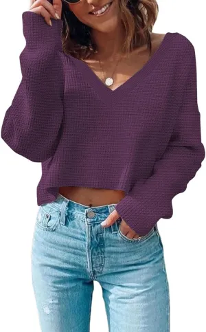 Poetsky Womens V Neck Waffle Knit Cropped Top Long Sleeve Pullover Sweater Casual Crop Shirts