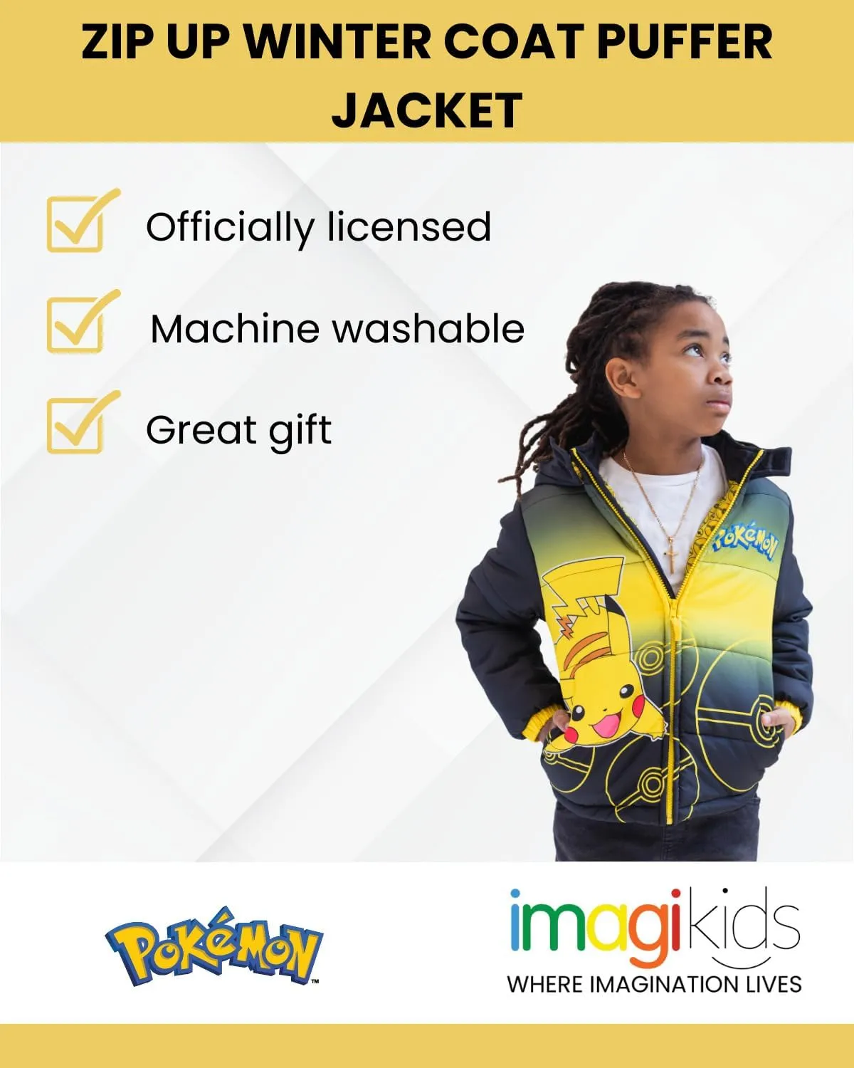 Pokemon Pikachu Zip Up Winter Coat Puffer Jacket Toddler to Big Kid Sizes (4-14-16)