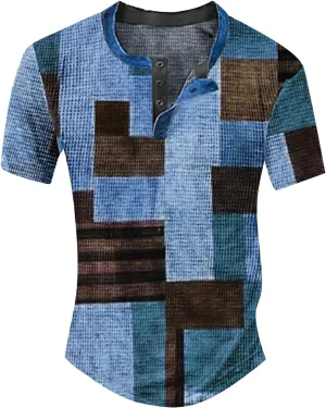 Polo Shirts Short Sleeved Casual Top Striped Plaid Retro Western Denim Print Button Men's T Shirt Top Slim Fit Tee