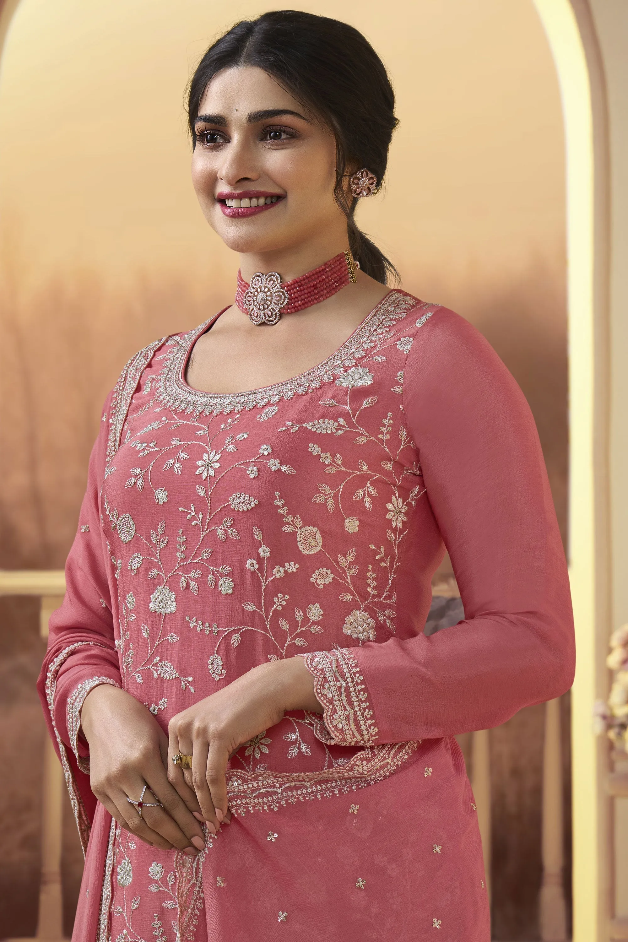 Prachi Desai Soothing Peach Color Chinon Fabric Palazzo Suit