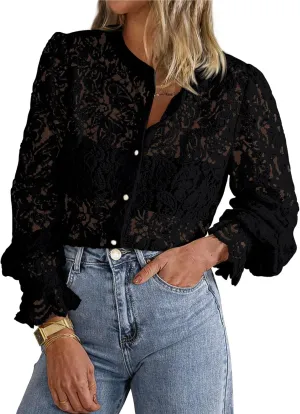 PRETTYGARDEN Women's Dressy Casual Lace Blouse Long Sleeve Button Up Shirts Tops Spring Fall Fashion Clothes