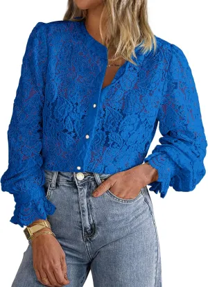 PRETTYGARDEN Women's Dressy Casual Lace Blouse Long Sleeve Button Up Shirts Tops Spring Fall Fashion Clothes