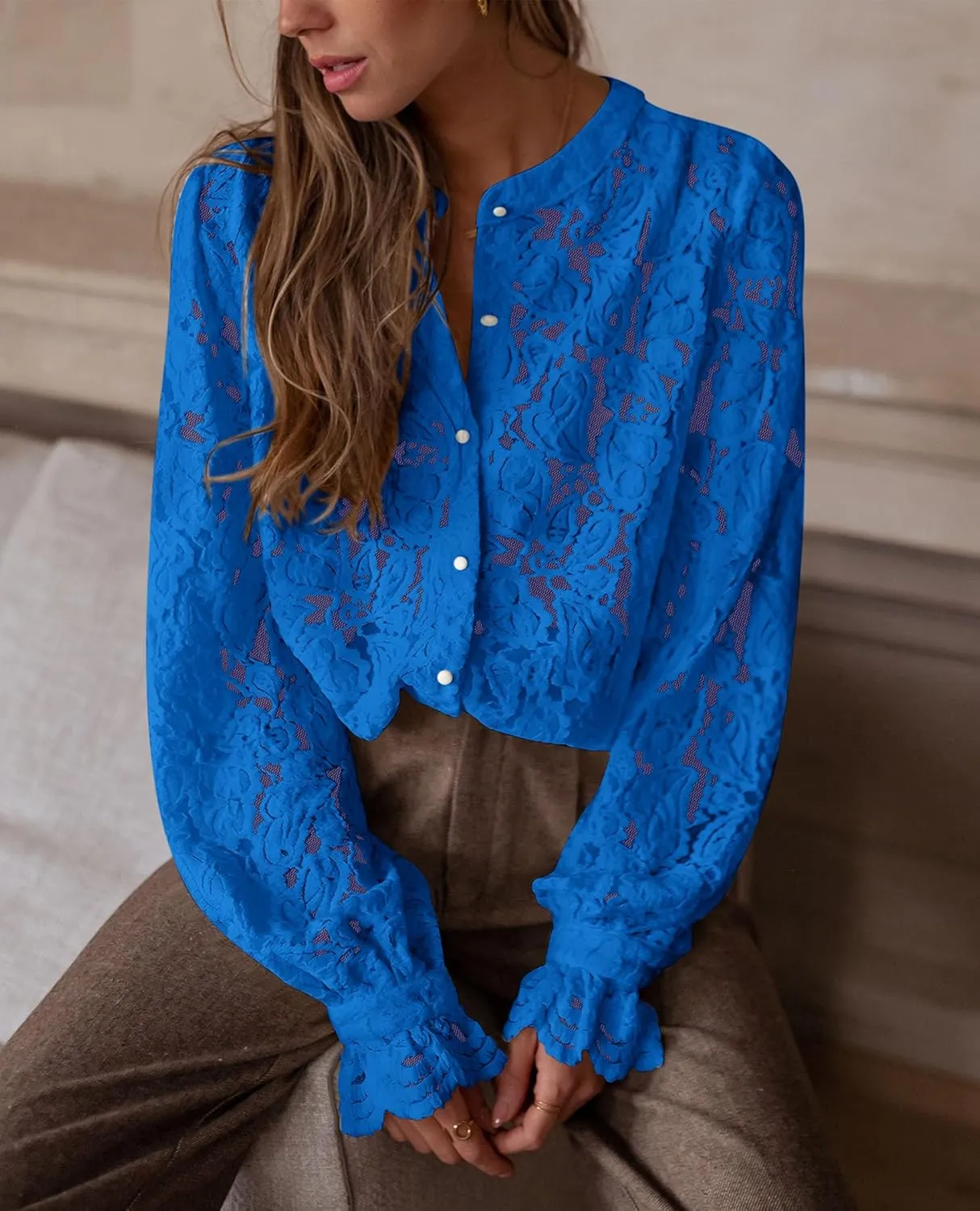 PRETTYGARDEN Women's Dressy Casual Lace Blouse Long Sleeve Button Up Shirts Tops Spring Fall Fashion Clothes