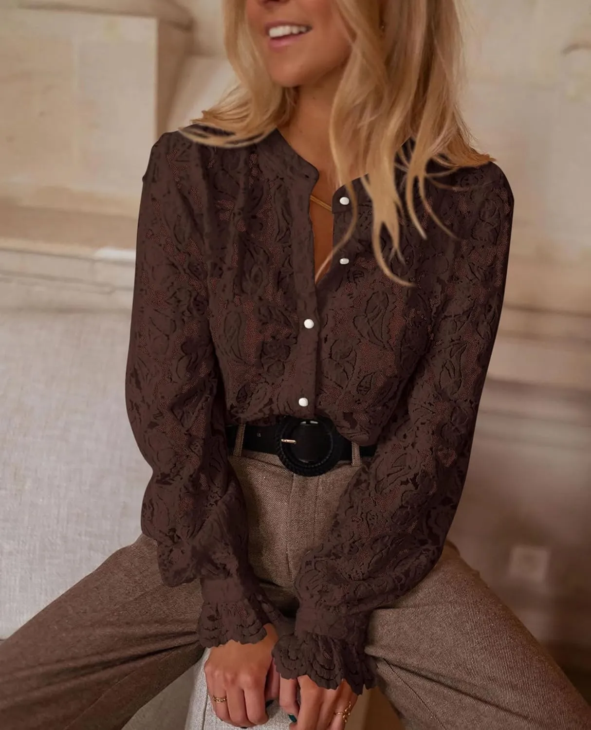 PRETTYGARDEN Women's Dressy Casual Lace Blouse Long Sleeve Button Up Shirts Tops Spring Fall Fashion Clothes
