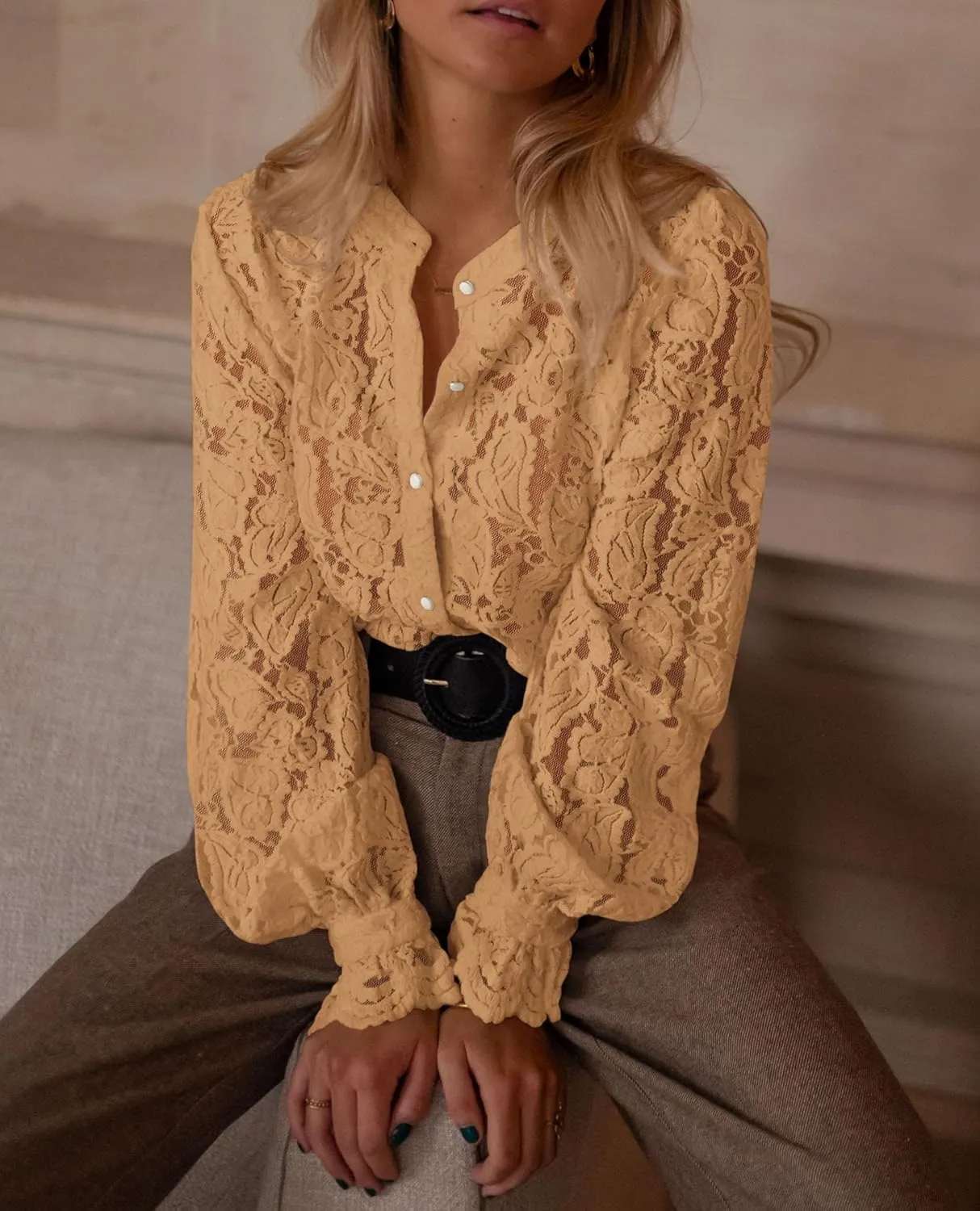 PRETTYGARDEN Women's Dressy Casual Lace Blouse Long Sleeve Button Up Shirts Tops Spring Fall Fashion Clothes