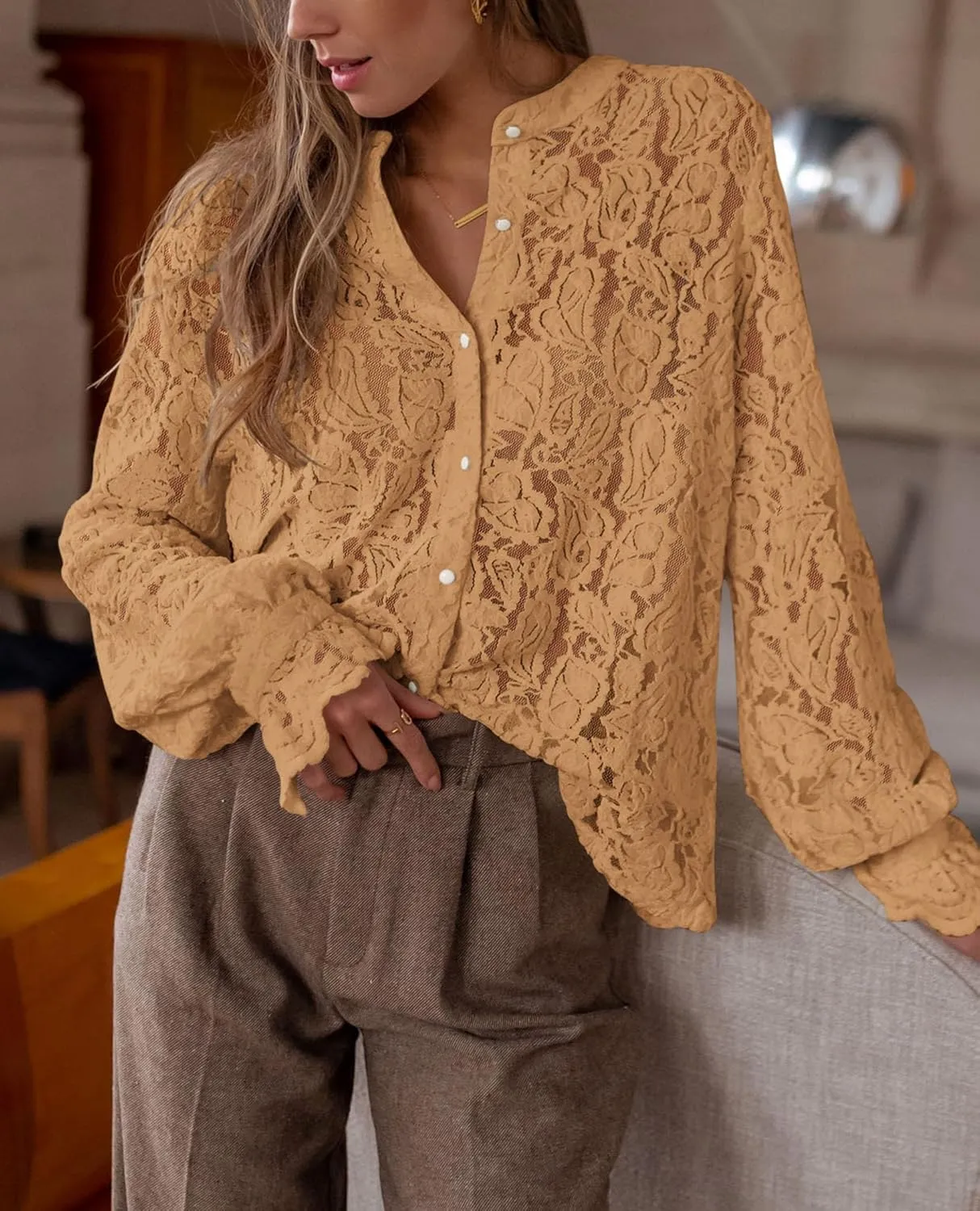 PRETTYGARDEN Women's Dressy Casual Lace Blouse Long Sleeve Button Up Shirts Tops Spring Fall Fashion Clothes