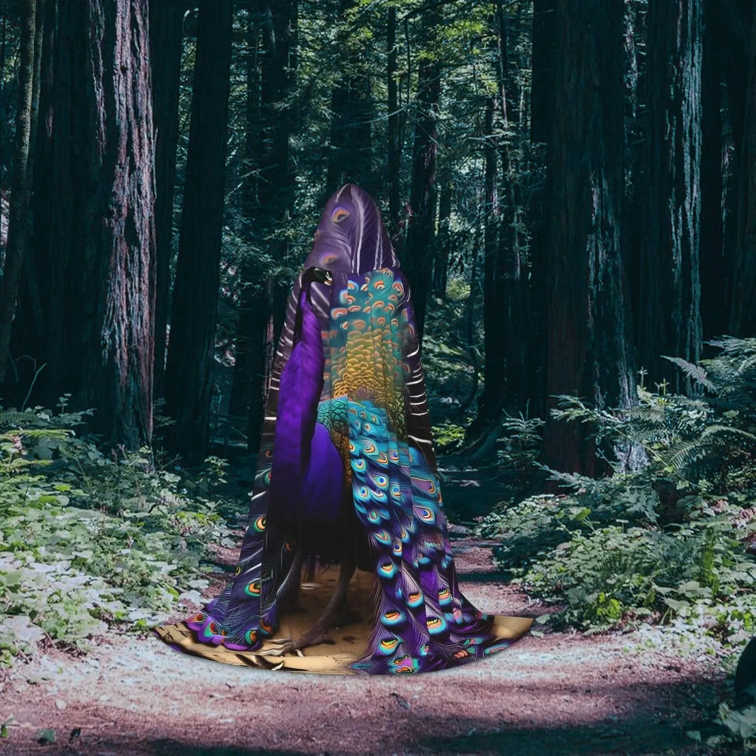 Purple Peacock Hooded Cloak Coat Winter Warm Long Cloak Cosplay Costumes Outerwear Carnivals Hoodies Capes