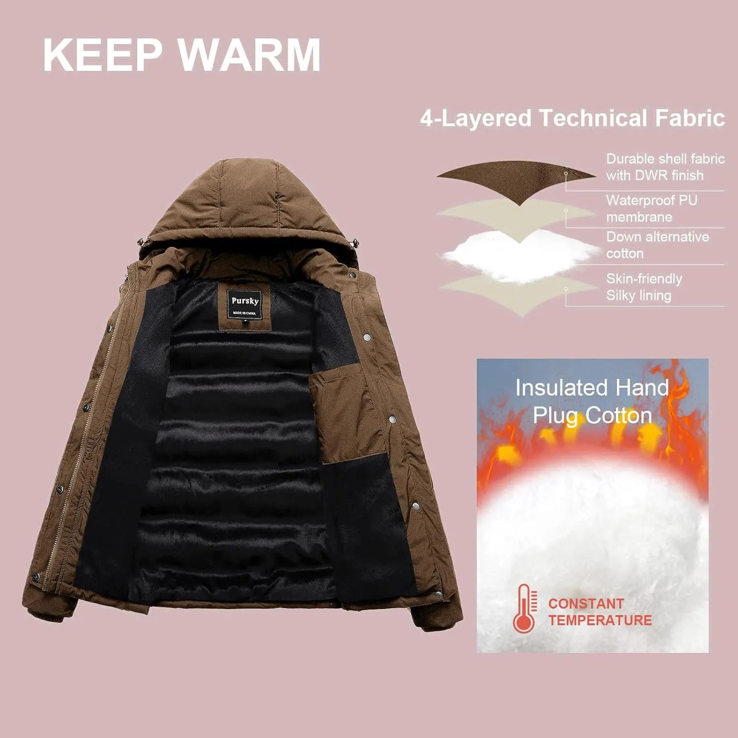 Pursky Women's Warm Winter Thicken Coat Waterproof Cropped Jackets Parka With Removable Hood