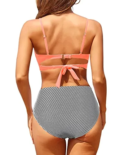 Push Up Twist Swim Top With Bottoms Two Piece Bikini Set-Coral Pink Stripe