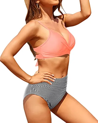 Push Up Twist Swim Top With Bottoms Two Piece Bikini Set-Coral Pink Stripe