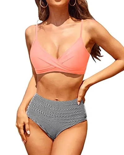 Push Up Twist Swim Top With Bottoms Two Piece Bikini Set-Coral Pink Stripe
