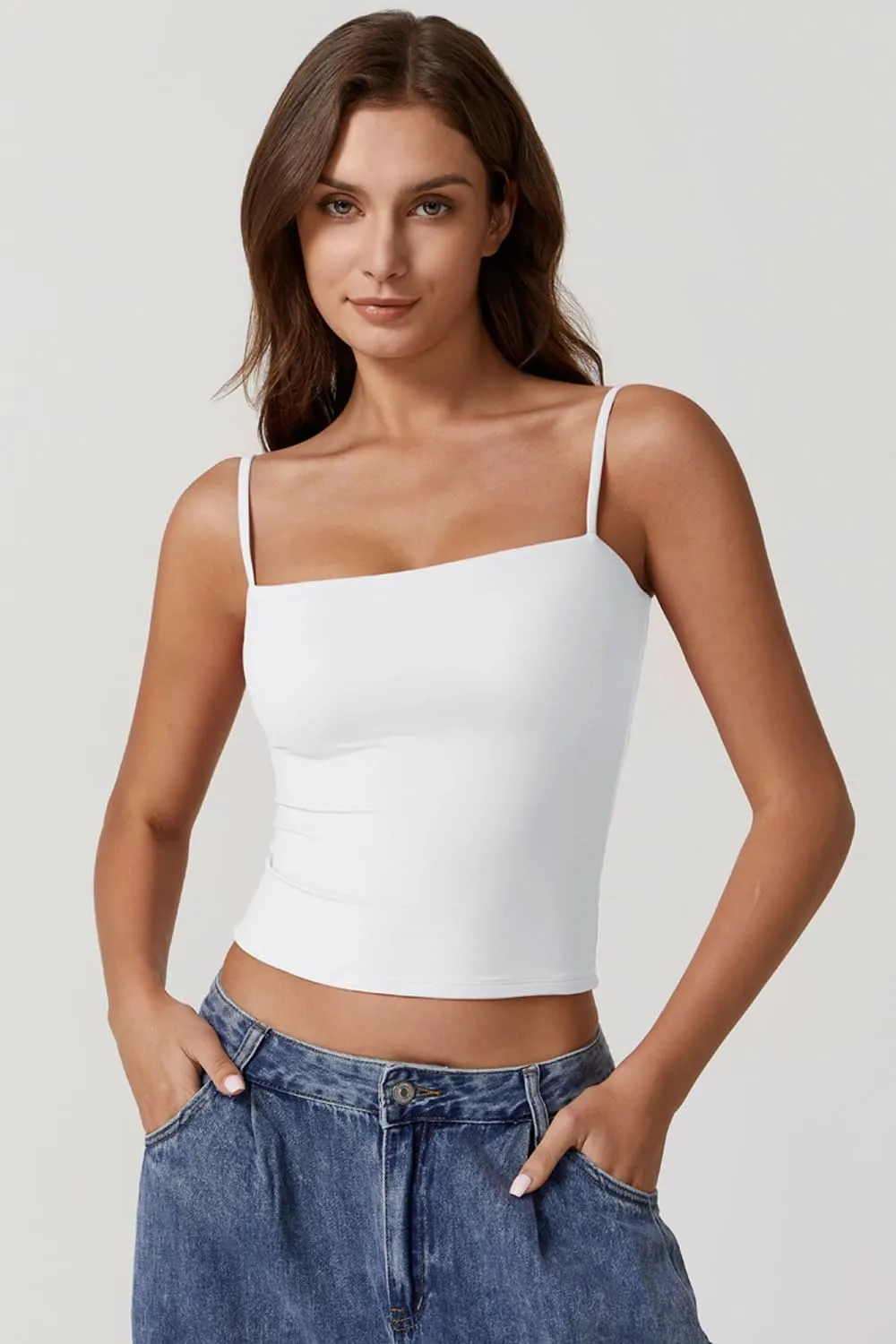 QINSEN Women's Double Lined Basic Tank Top Adjustable Spaghetti Straps Sleeveless Camisole Shirts