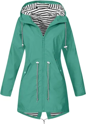 Rain Coats For Women Lightweight Anorak Solid Stripe Rain Jacket Outdoor Plus Waterproof Hooded Raincoat Windproof