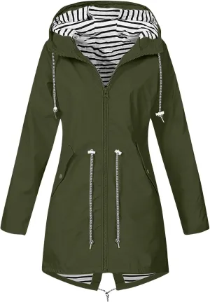 Rain Coats For Women Lightweight Anorak Solid Stripe Rain Jacket Outdoor Plus Waterproof Hooded Raincoat Windproof