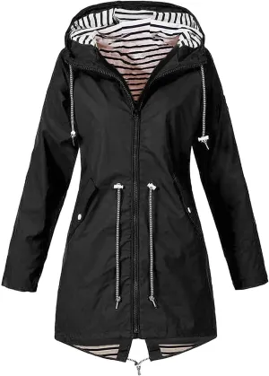 Rain Coats For Women Lightweight Anorak Solid Stripe Rain Jacket Outdoor Plus Waterproof Hooded Raincoat Windproof