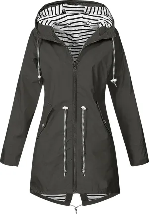 Rain Coats For Women Lightweight Anorak Solid Stripe Rain Jacket Outdoor Plus Waterproof Hooded Raincoat Windproof