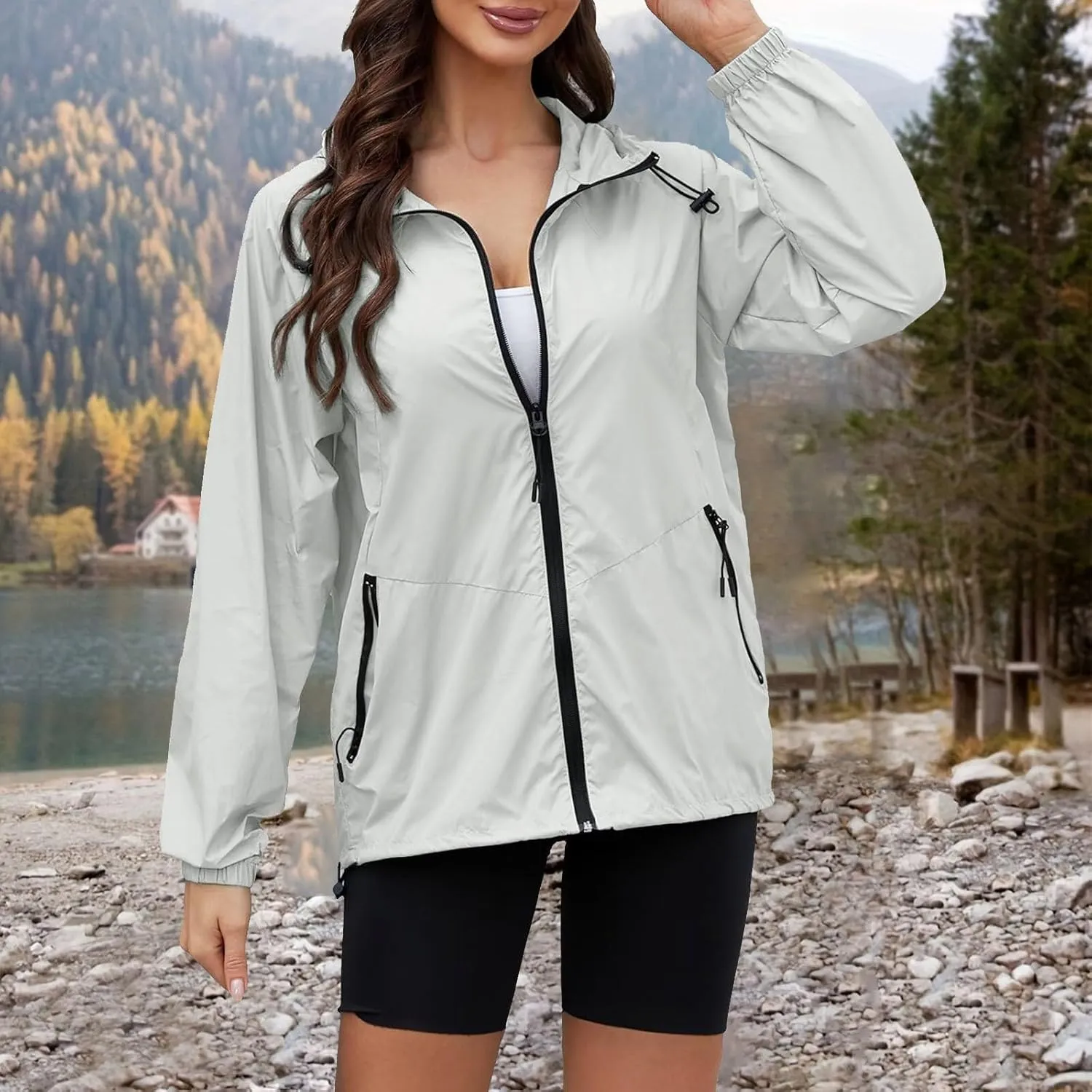 Rain Jacket Women Lightweight Waterproof Windbreaker Jacket Hooded Packable Rain Coats with Pockets