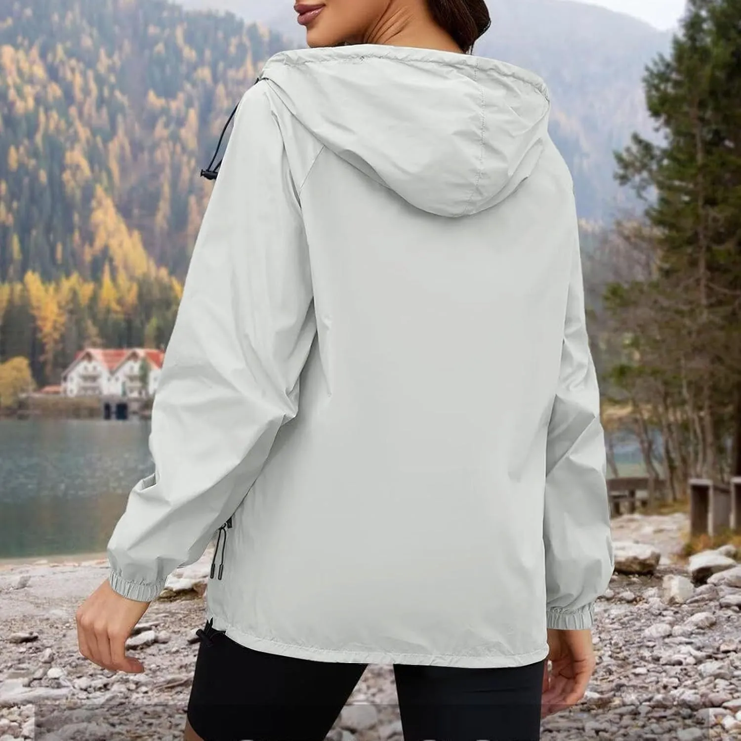 Rain Jacket Women Lightweight Waterproof Windbreaker Jacket Hooded Packable Rain Coats with Pockets