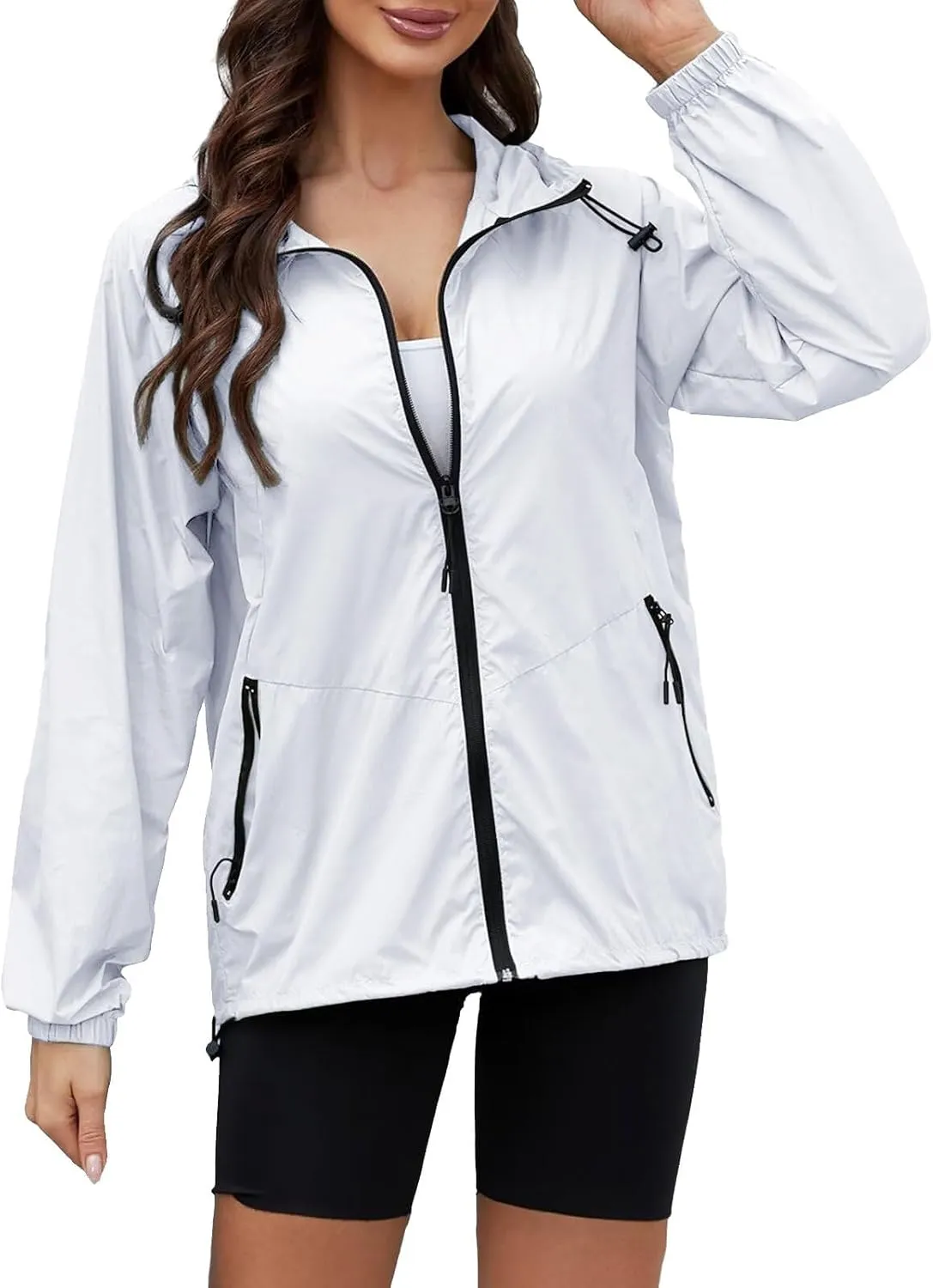 Rain Jacket Women Lightweight Waterproof Windbreaker Jacket Hooded Packable Rain Coats with Pockets