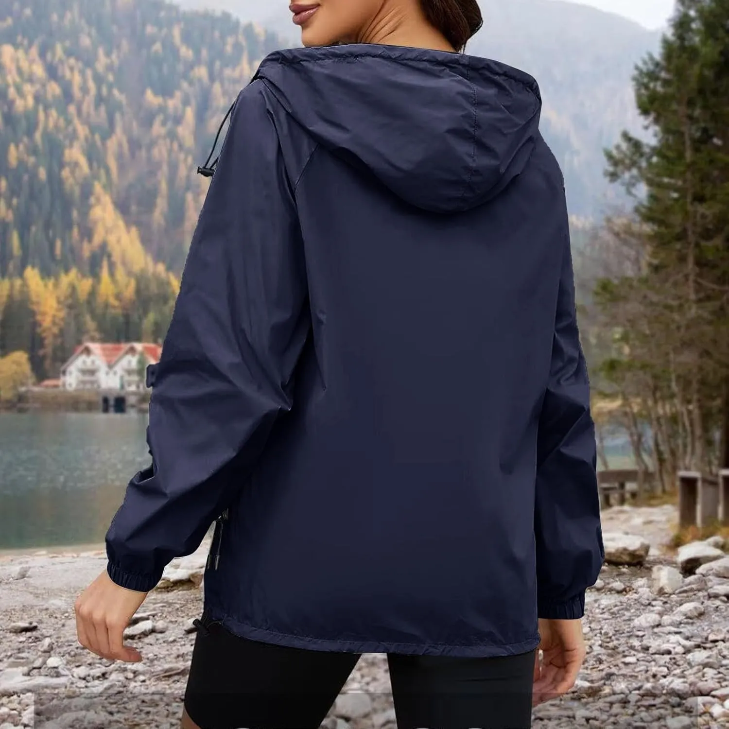 Rain Jacket Women Lightweight Waterproof Windbreaker Jacket Hooded Packable Rain Coats with Pockets