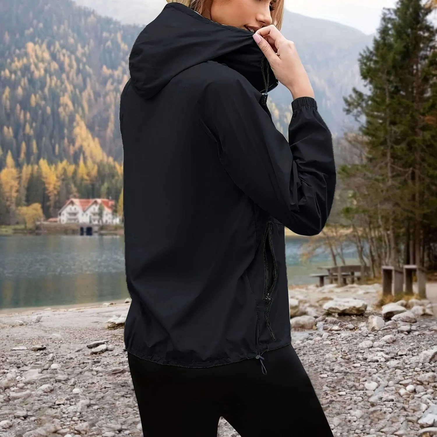 Rain Jacket Women Lightweight Waterproof Windbreaker Jacket Hooded Packable Rain Coats with Pockets
