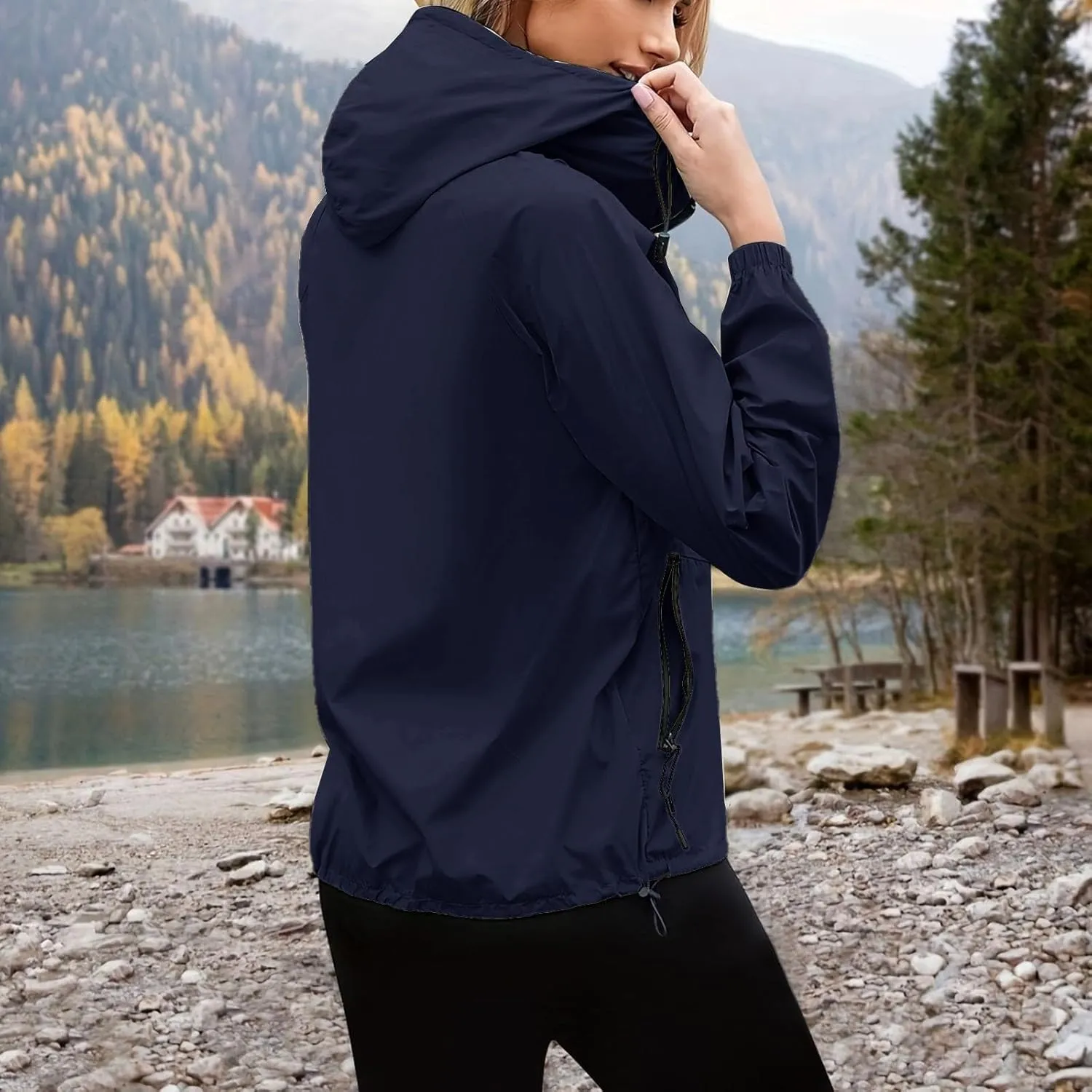 Rain Jacket Women Lightweight Waterproof Windbreaker Jacket Hooded Packable Rain Coats with Pockets