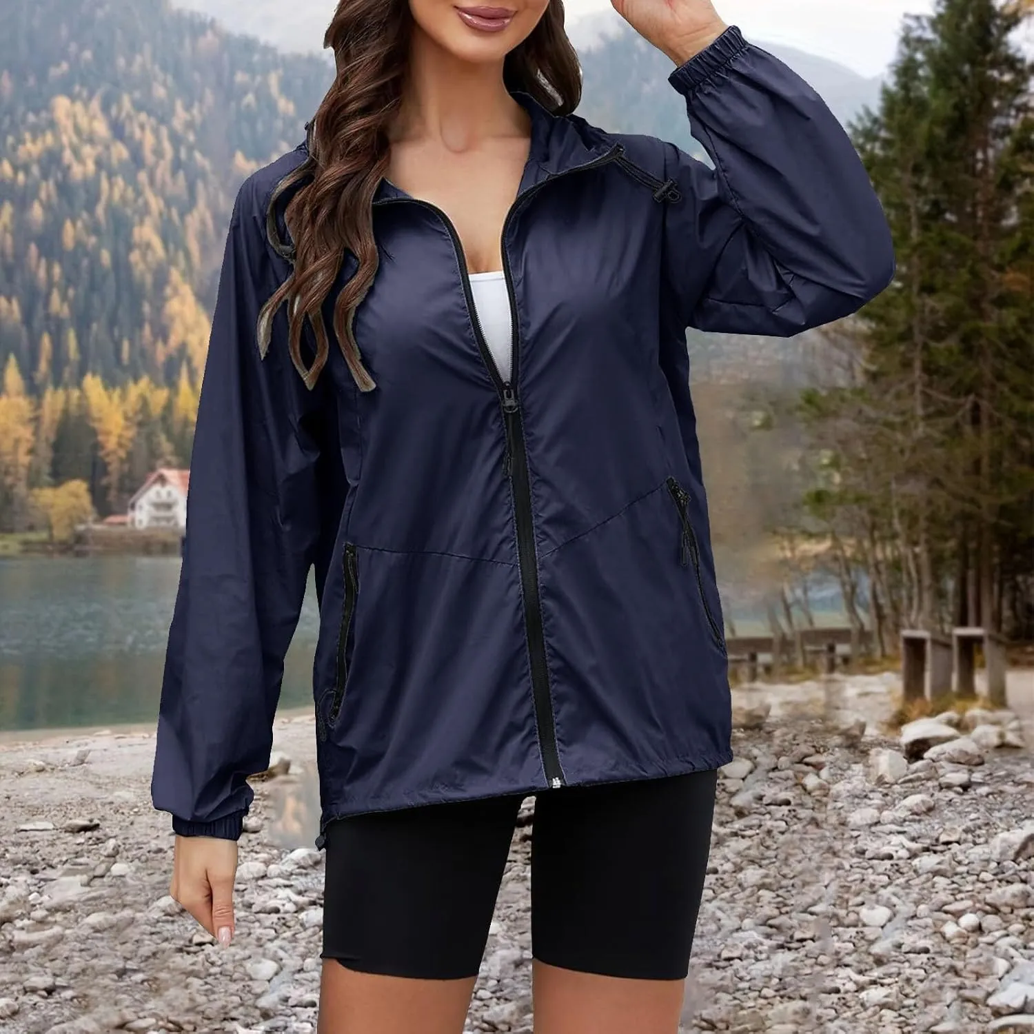Rain Jacket Women Lightweight Waterproof Windbreaker Jacket Hooded Packable Rain Coats with Pockets