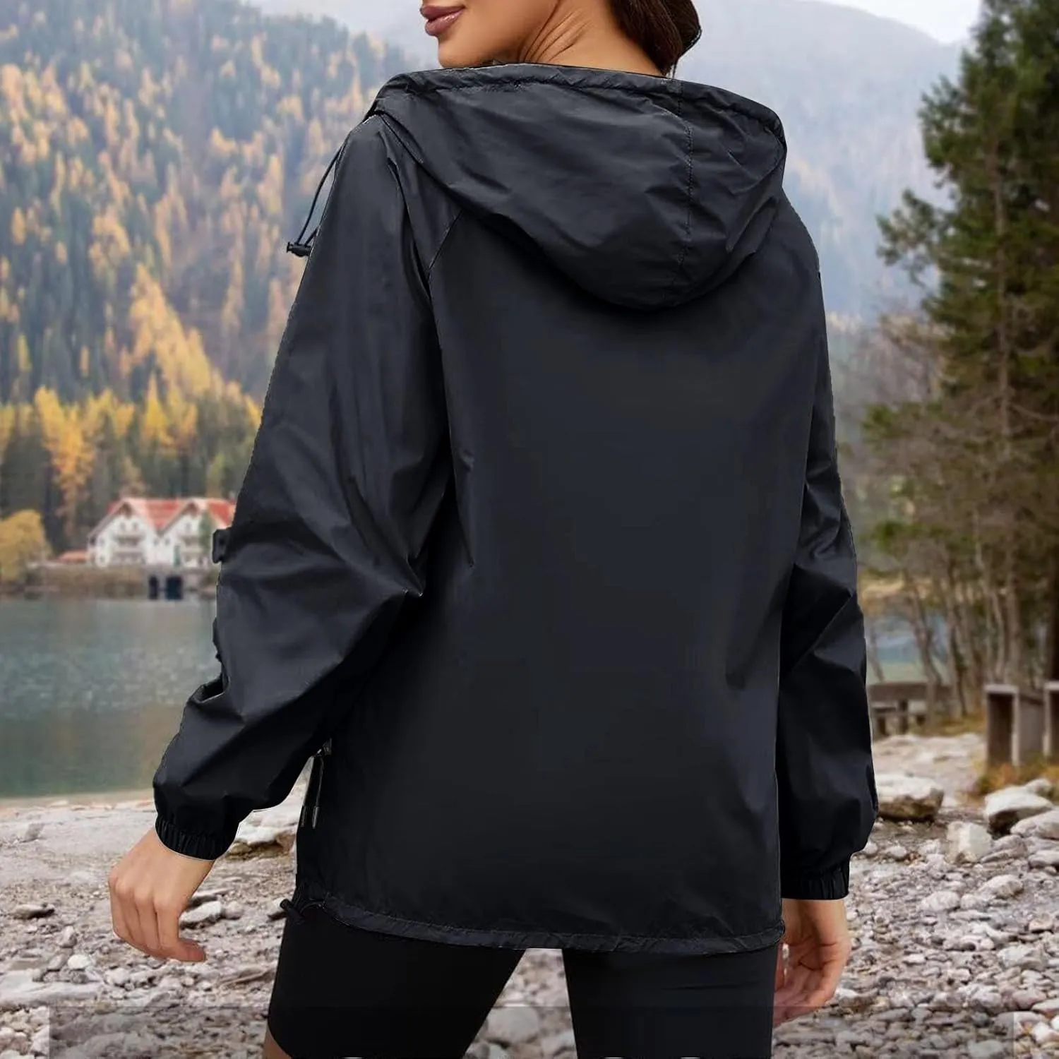 Rain Jacket Women Lightweight Waterproof Windbreaker Jacket Hooded Packable Rain Coats with Pockets