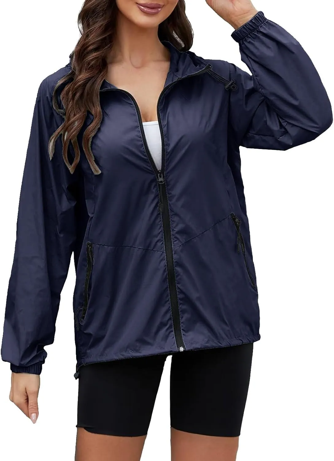 Rain Jacket Women Lightweight Waterproof Windbreaker Jacket Hooded Packable Rain Coats with Pockets