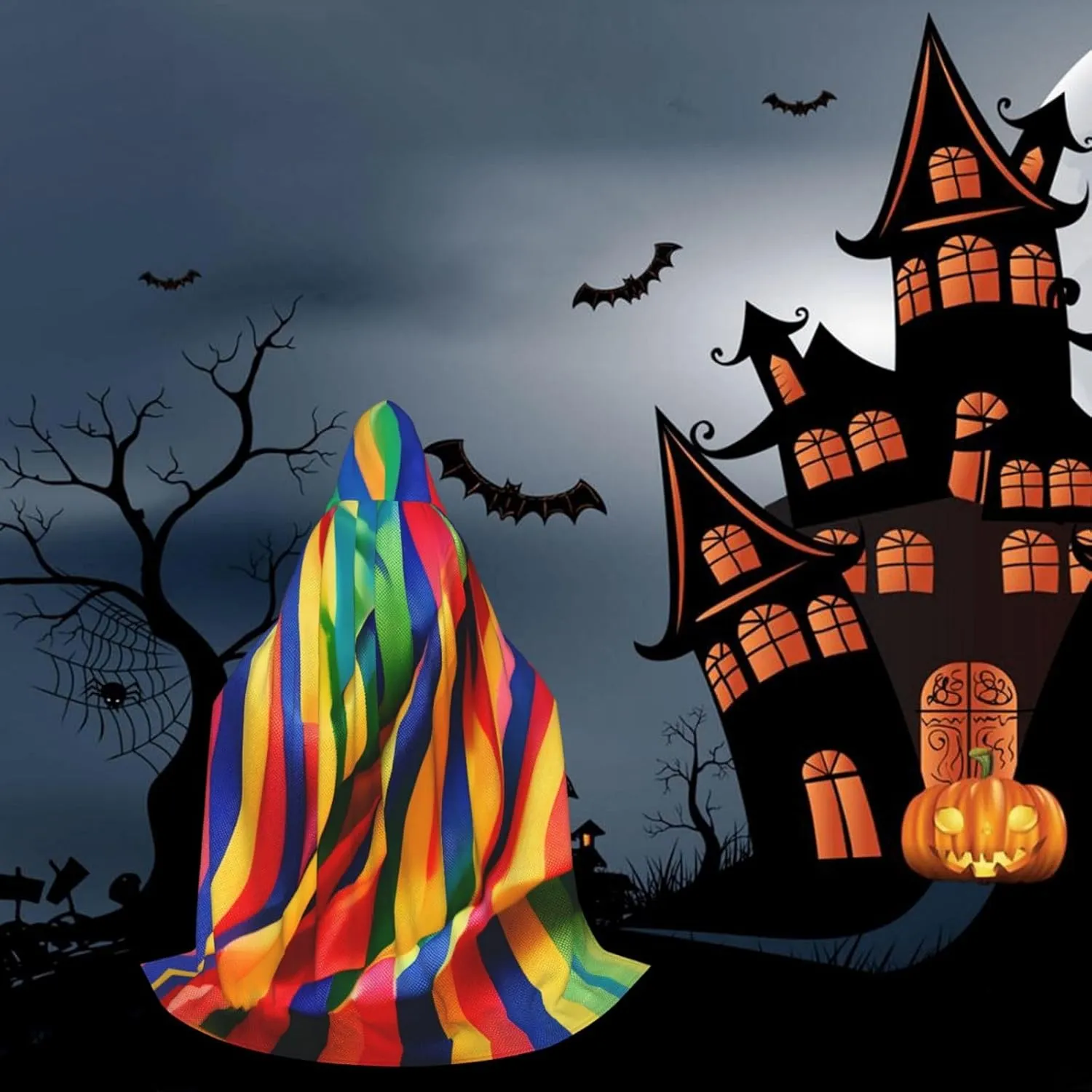 Rainbow Color Stripe Hooded Cloak Coat Winter Warm Long Cloak Cosplay Costumes Outerwear Carnivals Hoodies Capes