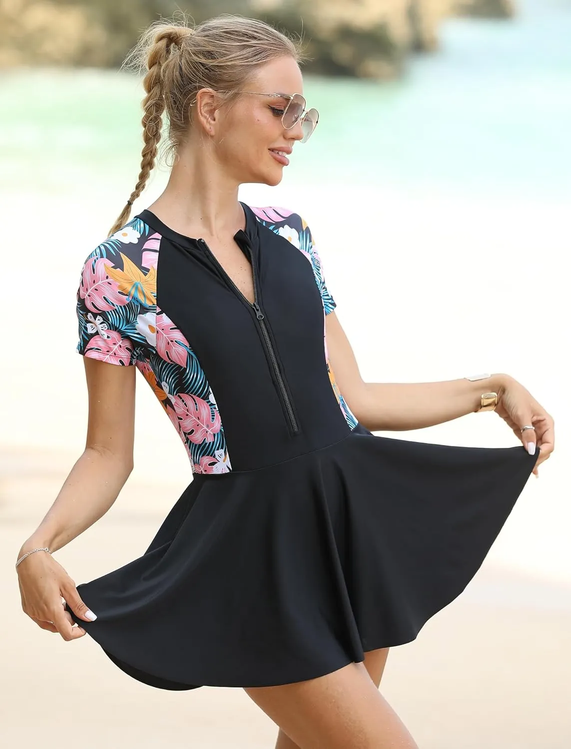 Rash Guard for Women Short Sleeve One Piece Swimsuit UV UPF 50  Swim Shirt Bathing Suit Modest Swimwear
