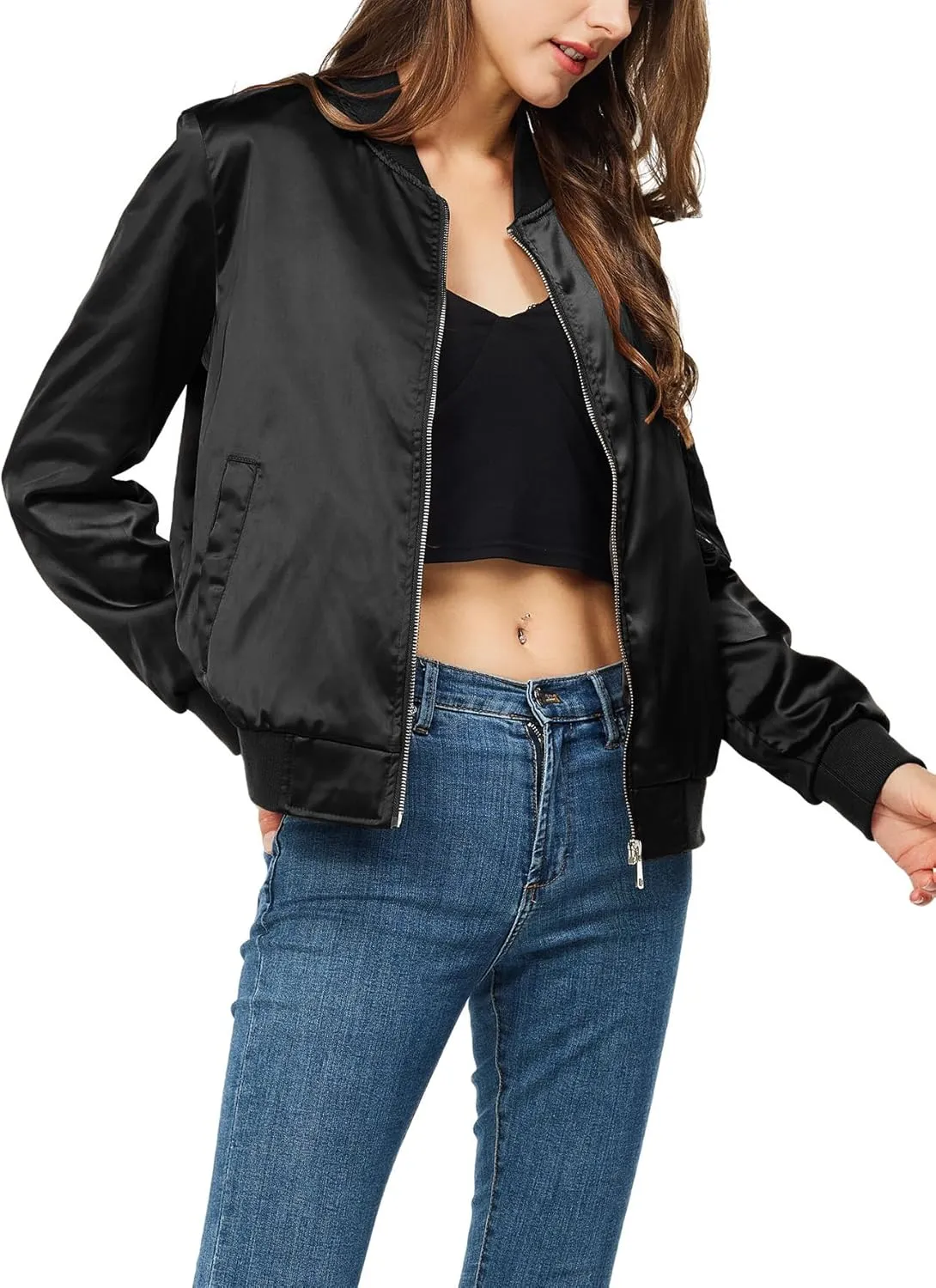 Rasujie Satin Bomber Jacket Women Zip Up Varsity Jacket Fall Windbreaker Outerwear with Pockets