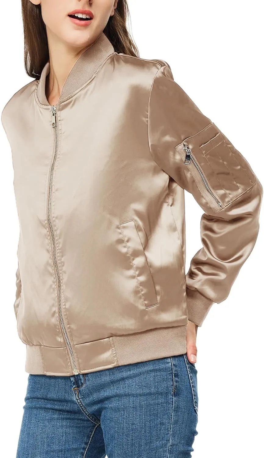 Rasujie Satin Bomber Jacket Women Zip Up Varsity Jacket Fall Windbreaker Outerwear with Pockets