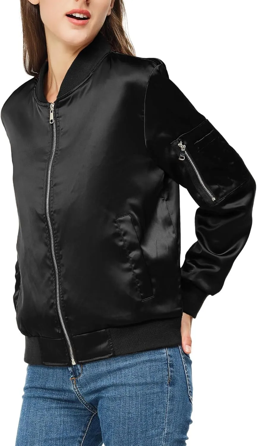 Rasujie Satin Bomber Jacket Women Zip Up Varsity Jacket Fall Windbreaker Outerwear with Pockets
