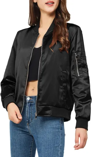Rasujie Satin Bomber Jacket Women Zip Up Varsity Jacket Fall Windbreaker Outerwear with Pockets
