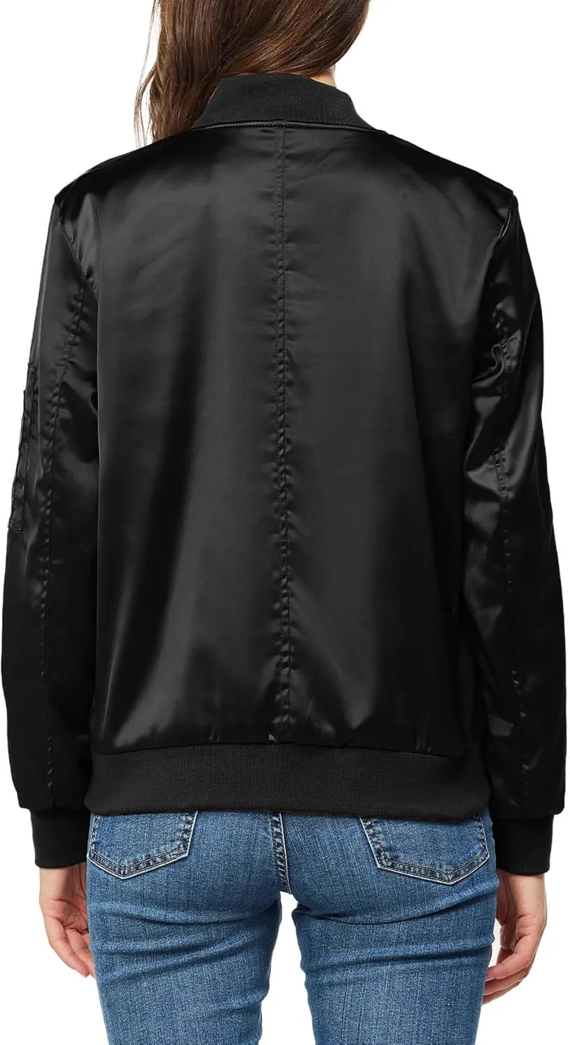 Rasujie Satin Bomber Jacket Women Zip Up Varsity Jacket Fall Windbreaker Outerwear with Pockets
