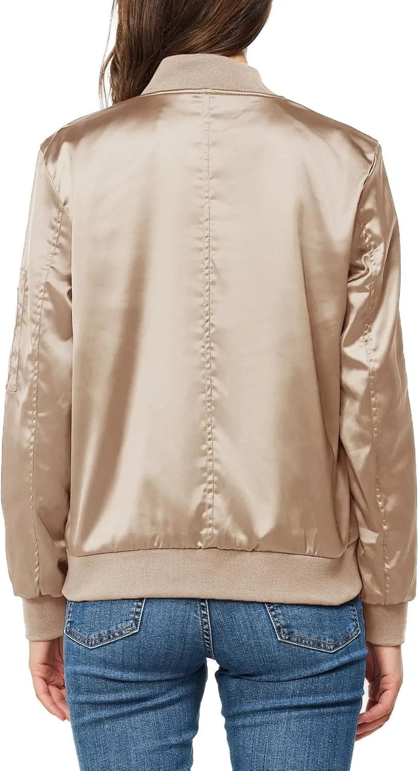 Rasujie Satin Bomber Jacket Women Zip Up Varsity Jacket Fall Windbreaker Outerwear with Pockets