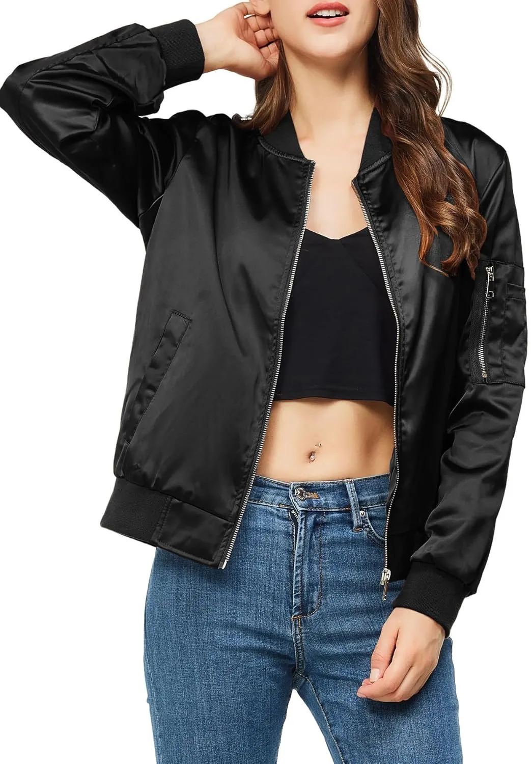 Rasujie Satin Bomber Jacket Women Zip Up Varsity Jacket Fall Windbreaker Outerwear with Pockets