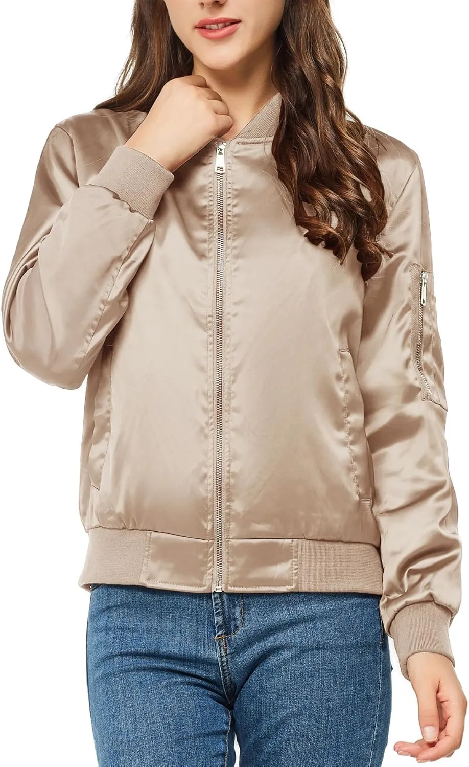 Rasujie Satin Bomber Jacket Women Zip Up Varsity Jacket Fall Windbreaker Outerwear with Pockets